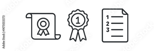 Certificate, badge, and list icons in simple black and white design