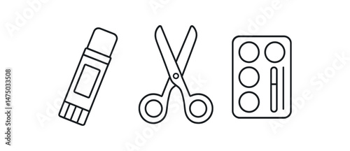 Outline icons of glue stick, scissors, and paint palette