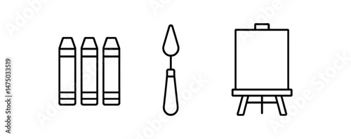 Art tools icon set: crayons, palette knife, easel for creative projects