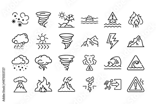Disaster and Weather Hazard Line Icons Set of Emergency Alert Symbols Including Tornado, Earthquake, Tsunami, Wildfire, Flood, Lightning, Volcanic Eruption, and Extreme Weather Conditions icon Vector 