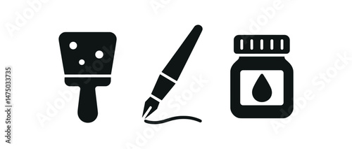 Art supplies icons: paintbrush, pen, ink bottle symbols in black and white