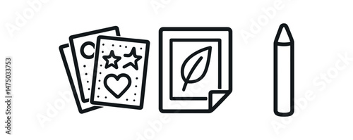 Minimalist art supplies icons: sketchpad, cards, pencil for creative design