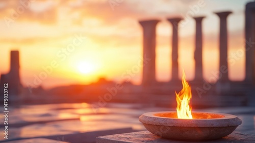 A sacred fire burns in a stone bowl at sunset, with ancient columns silhouetted in the background.