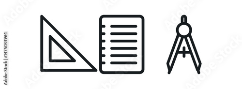 Architectural tools icon set: triangle, notepad, drafting compass
