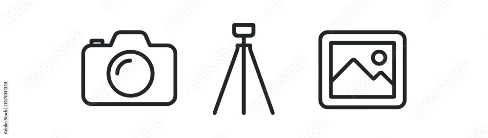 Camera, tripod, and landscape picture icons in minimalist black line art style Camera, tripod, and landscape picture icons in minimalist black line art style