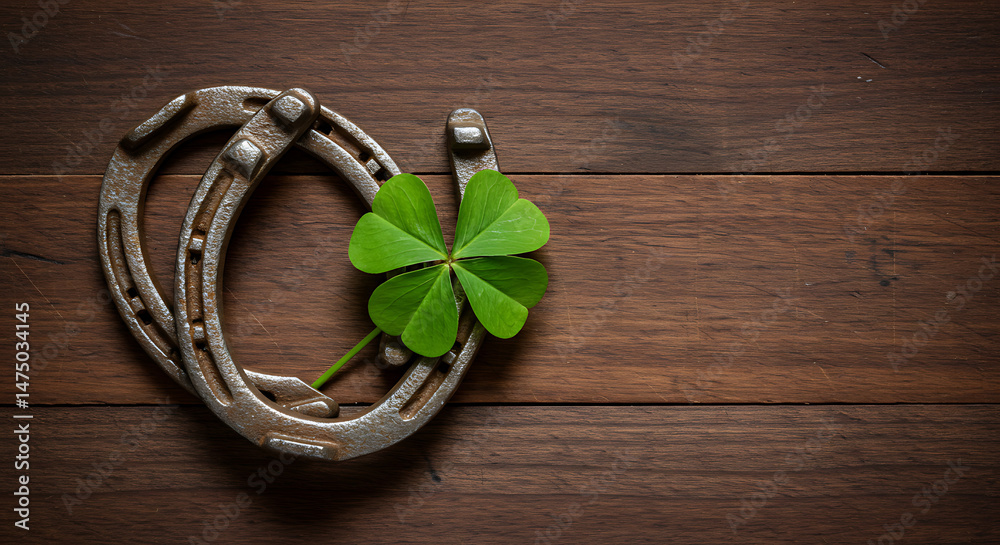 Horseshoes and Four-Leaf Clover Symbolizing Luck and Fortune, Still Life Composition on Wood Background, Ideal for St. Patrick's Day Visuals, Advertising, or Design Projects Horseshoes and Four-Leaf Clover Symbolizing Luck and Fortune, Still Life Composition on Wood Background, Ideal for St. Patrick's Day Visuals, Advertising, or Design Projects