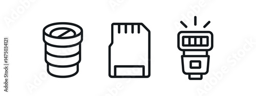 Camera equipment icons: lens, memory card, flash