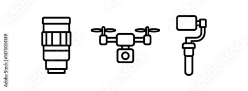 Black outline icons of camera lens, drone, and gimbal on white background