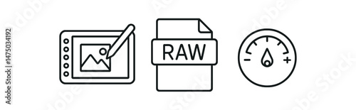 Digital design elements: tablet with stylus, raw file icon, speedometer