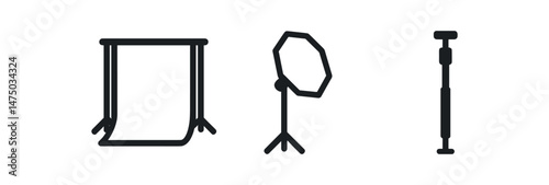 Photography equipment icons: backdrop, softbox, and monopod on white background