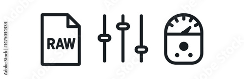 Digital photography icons: raw file, edit controls, and light meter symbols