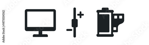 Monitor, sound control, film roll symbols in black and white
