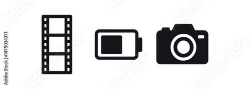 Film strip, battery, and camera icons in black and white design