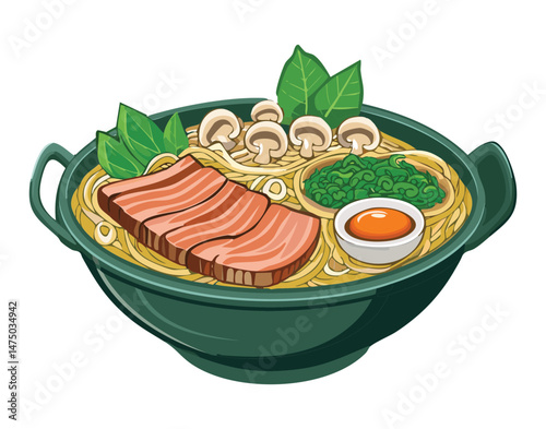 Pork Chashu Ramen with Mushrooms and Spinach - Vector Illustration
