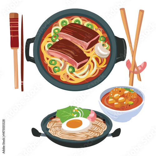 Meaty Ramen with Broth and Egg Noodle Side Dish - Vector Illustration

