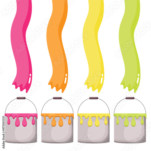 A set of four buckets of acrylic paint, each filled with bright, oozing paint. Seamless Drips. Raindrops Rainbow.