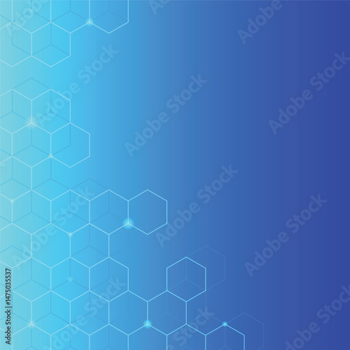 This is an illustration of a futuristic design with a gradient blue background and a geometric pattern of interconnected hexagonal and cubic shapes, creating a honeycomb-like structure.
