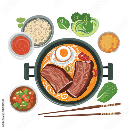 Meaty Noodle Soup with Mixed Vegetables Set - Vector Illustration