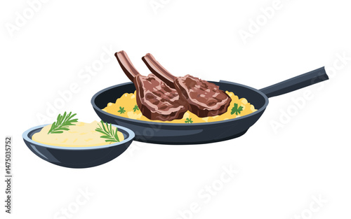 Lamb Chops Served on a Hot Skillet and Mashed Potato on Grilled Wok - Vector Ilustration