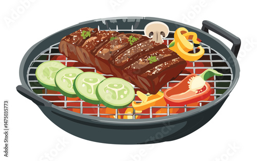 Barbecue Slice Ribs with Grilled Vegetables on Grill - Vector Illustration