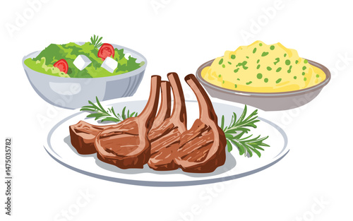 Lamb Rack with Fresh Salad and Mashed Potato -  Vector Illustration