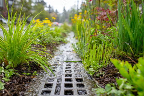 Storm water flows through a lush urban rain garden toward a drainage grate, showcasing green infrastructure in sustainable city planning for effective storm water management, ai generative.