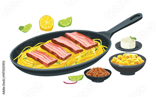 Noodles with Grilled Meat and Other Dish - Vector Illustration