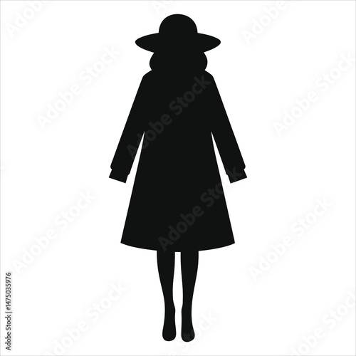 Stylish Woman in a Coat and Hat Vector Silhouette Against a Light Background(Fall sweater)/A simple, elegant silhouette of a woman wearing a coat and hat.