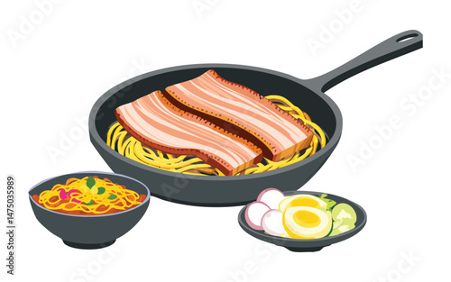 Pan-fried noodles with Juicy Meat Strips - Vector Illustration