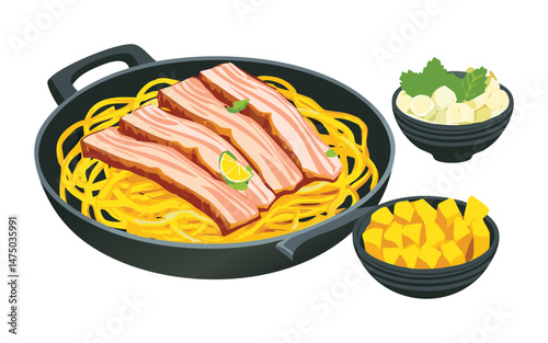 Noodle Bowl with Sliced Grilled Meat - Vector Illustration