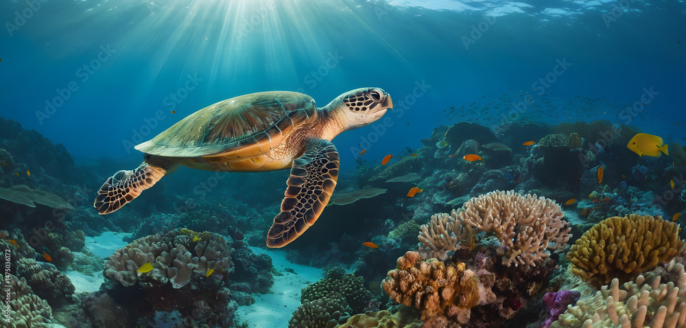 Fototapeta premium Sea turtle swimming gracefully over a vibrant coral reef, surrounded by tropical fish and illuminated by sun rays filtering through the ocean surface.