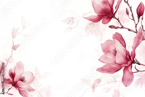 Delicate magnolia blossoms in soft, muted shades of pink and red, forming a frame around a blank center.  Intricate, painterly details highlight the petals and stems of the flowers,