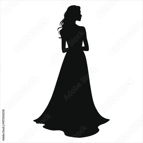 Vector Silhouette of a Woman in a Halter Neck Long Gown/A sophisticated black silhouette of a woman wearing a flowing, long gown.