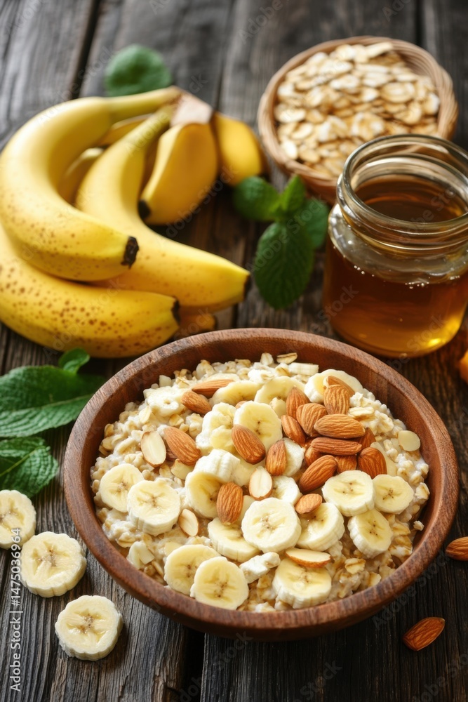 Healthy breakfast oatmeal with banana and almonds served in wooden bowl overhead shot rustic table Healthy breakfast oatmeal with banana and almonds served in wooden bowl overhead shot rustic table