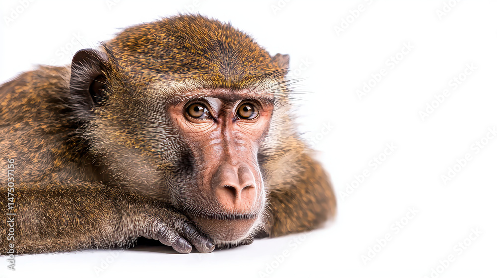 Obraz premium Close up of monkey with expressive eyes, showcasing its detailed fur and thoughtful demeanor. image captures essence of wildlife