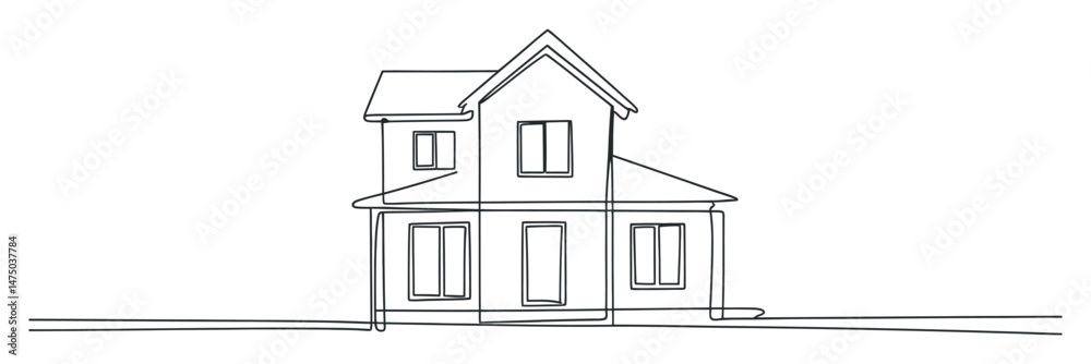 Single Line Drawing of a Two Story House with a Gable Roof