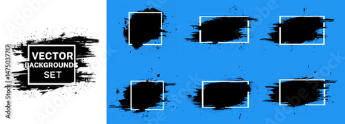 Grunge backgrounds set. Brush black paint ink stroke over square frame. Vector illustration