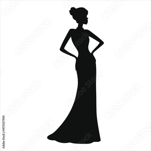 Vector Silhouette of a Woman in a Halter Neck  Long Gown/A sophisticated silhouette of a woman wearing a long, flowing gown.