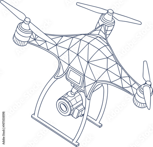 Geometric Line Art Illustration of a Camera Drone with Intricate Polygonal Mesh Design – Ideal for Technology, Aerial Photography, and Innovation Projects