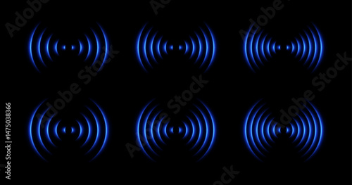 Sound wave with neon light. Radar laser glow with different frequency. Vector set of radial elements on black background.