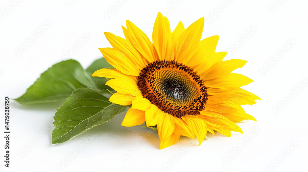 Obraz premium Vibrant sunflower with bright yellow petals and dark center, accompanied by green leaves, symbolizes joy and warmth