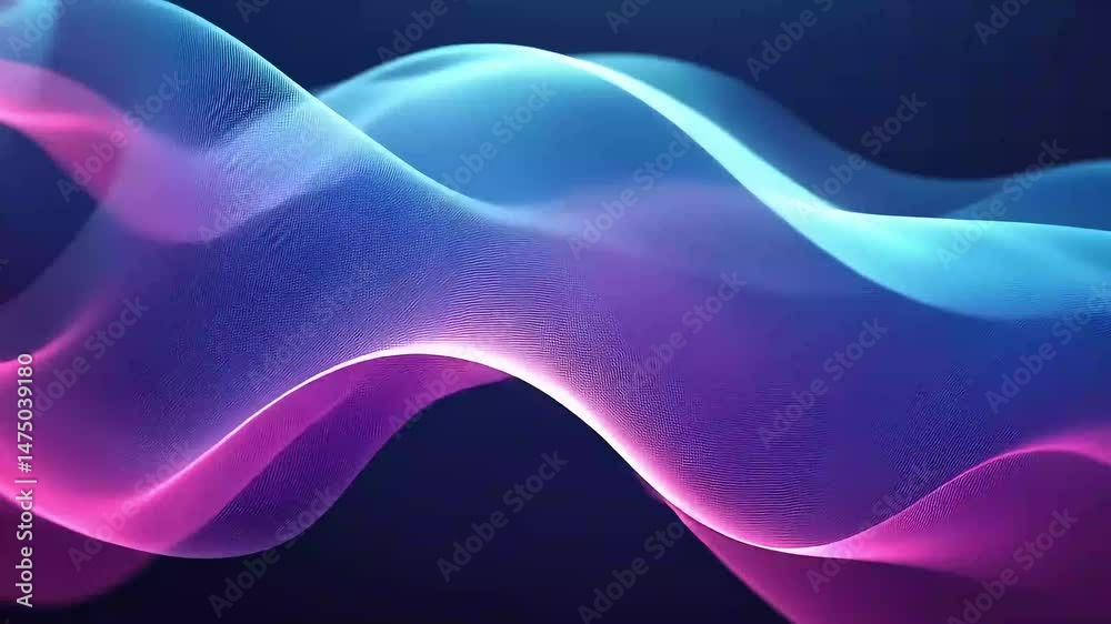 Vibrant blue and pink abstract waves flow across a dark background, creating a dynamic, energetic feel