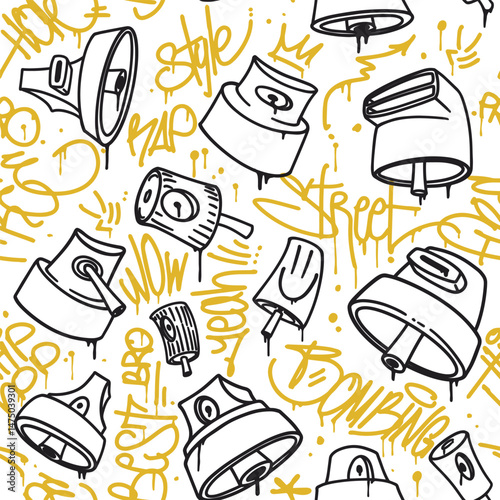 Seamless pattern featuring graffiti caps, spray can nozzles, and hand-drawn tags with dripping effects. Urban street art background with hip-hop style lettering elements