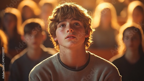 Wallpaper Mural Teenage boy, attentive in a large auditorium, bathed in warm light.  Focused gaze, soft sunlight, crowd in the background Torontodigital.ca