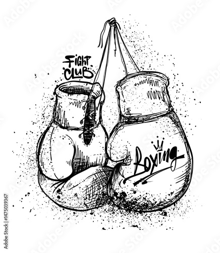 Boxing vector design with gloves illustration. Grungy line art for t-shirt prints with a rough, dirty street-style effect