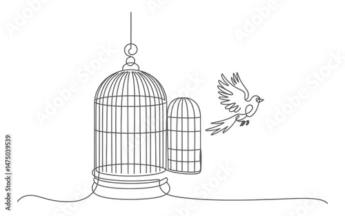 Single Line Drawing of Bird Flying from Open Cage Freedom Concept Illustration