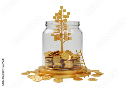 A 3D rendering of a glass jar filled with gold coins, topped with a golden tree, symbolizing financial growth and wealth. Isolated on white or transparent background
