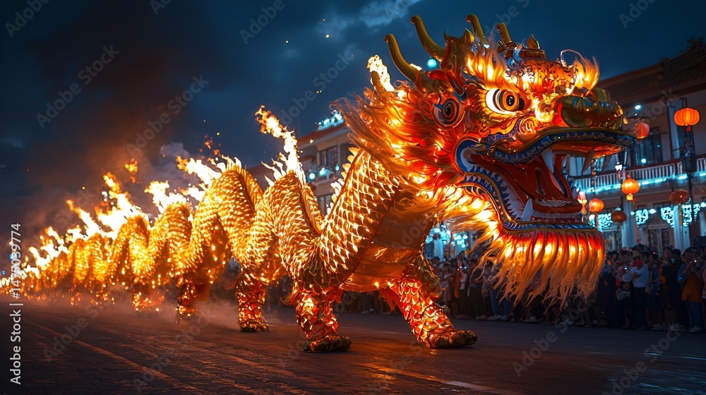 Obraz premium Giant Dragon Parade at Night, Fire, Festivities