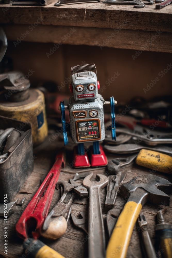 Fototapeta premium Vintage robot toy standing among various tools in a cluttered workshop on a sunny afternoon