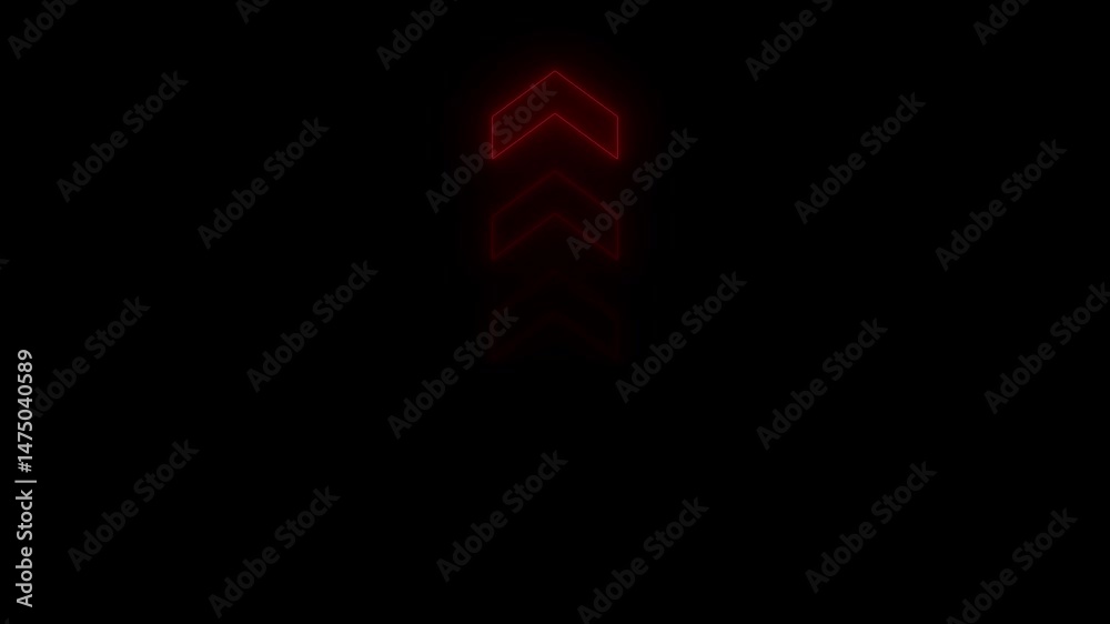 Red color neon arrow moving up on black background.